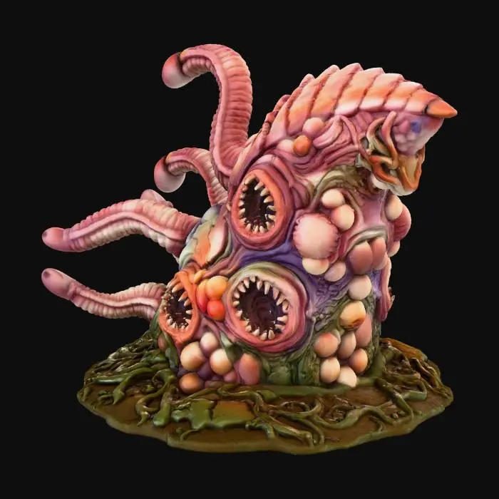 3D model for Create a high-detail 3D printable terrain piece in the style of an eldritch, organic growth bursting from the ground. The model should feature:
	•	irregular organic base covered with stretched, melted, root-like textures and corrupted ground.
	•	No five large tentacles emerging from deep cyst-like openings. Tentacles should be ribbed, curved, muscular, and asymmetrical, with smooth but grotesque surface detail.
	•	Multiple organic pits and orifices, some with tooth-ringed mouths or fleshy protrusions, integrated into the sides of the structure.
	•	A surface texture resembling mutated diseased chitin, with layered organic ridges, cracks
	•	Ensure all details are crisp and printable without thin, unsupported elements.”