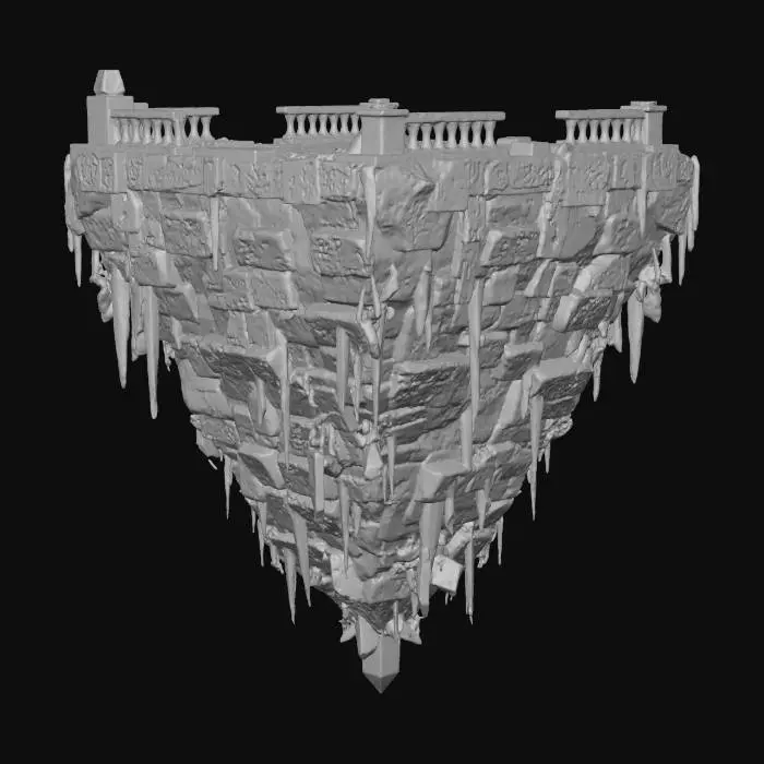 3D model for magically afloat chunk of shattered terrain with crystals growing out of the earth and stone facing downward, the top is broken tile and castle floor from a ruin long ago dropped into the abyss below.