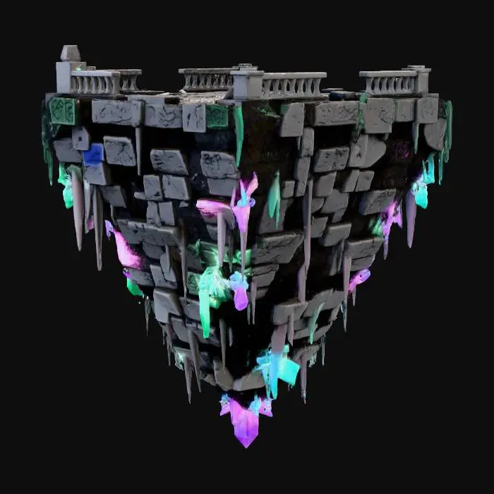 3D model for magically afloat chunk of shattered terrain with crystals growing out of the earth and stone facing downward, the top is broken tile and castle floor from a ruin long ago dropped into the abyss below.