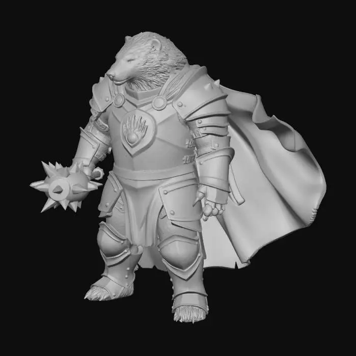 3D model for Anthropomorphic great Badger in whites and dark brown furs, Paladin in heavy Knights Armor with the sigil of a 7 clawed badger hand on the chest in silver and obsidian against his heavy dark steel armor.  A cape/cloak of viridian green billows behind the great warrior and he wields a mace of great iron spikes on the battlefield.