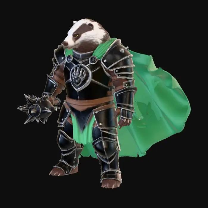 3D model for Anthropomorphic great Badger in whites and dark brown furs, Paladin in heavy Knights Armor with the sigil of a 7 clawed badger hand on the chest in silver and obsidian against his heavy dark steel armor.  A cape/cloak of viridian green billows behind the great warrior and he wields a mace of great iron spikes on the battlefield.