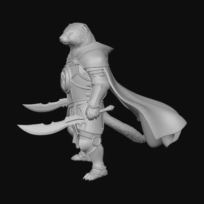 3D model for Anthropomorphic heroic White Ferret in golden whites and dark brown furs, Paladin in heavy Knights Armor with the sigil of a 7 clawed badger hand on the chest in silver and obsidian against his heavy dark steel armor.  A cape/cloak of viridian green billows behind the great warrior and he wields a pair of curved jagged sword blades on the battlefield.