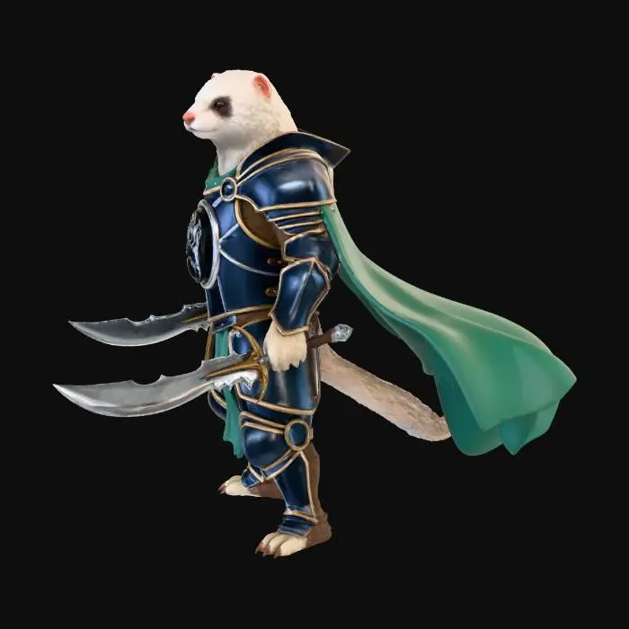 3D model for Anthropomorphic heroic White Ferret in golden whites and dark brown furs, Paladin in heavy Knights Armor with the sigil of a 7 clawed badger hand on the chest in silver and obsidian against his heavy dark steel armor.  A cape/cloak of viridian green billows behind the great warrior and he wields a pair of curved jagged sword blades on the battlefield.