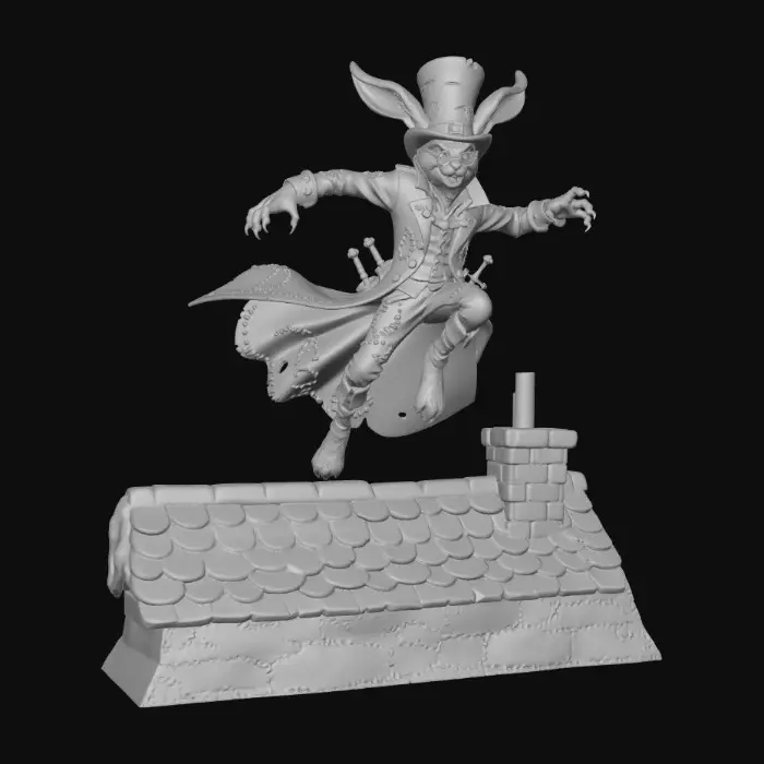 3D model for a dastardly rogue of a character, with eye glasses and a long stove top hat, a march hair, anthropomorphic rogue hero for dnd with long rabbits ears and hidden daggers concealed inside a long leather nobles coat that has seen better days as we see several stitched on patches in the coats length. posed as if running and leaping across the fantasy cities roof tops in long leaps of a rogue getaway burglar