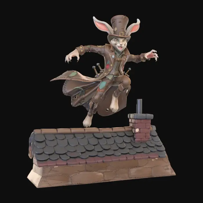 3D model for a dastardly rogue of a character, with eye glasses and a long stove top hat, a march hair, anthropomorphic rogue hero for dnd with long rabbits ears and hidden daggers concealed inside a long leather nobles coat that has seen better days as we see several stitched on patches in the coats length. posed as if running and leaping across the fantasy cities roof tops in long leaps of a rogue getaway burglar