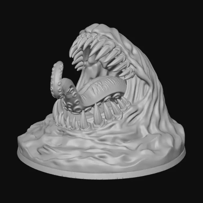 3D model for in the theme of a dungeons and dragons monster miniature for table top gaming - show me a maw of fangs rising up from beneath murky water, and freeing a long tentacle like tongue that seeks to grab pray coming out of the maw of fangs.