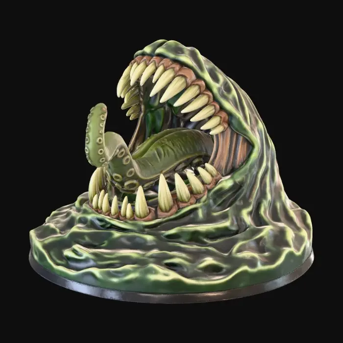 3D model for in the theme of a dungeons and dragons monster miniature for table top gaming - show me a maw of fangs rising up from beneath murky water, and freeing a long tentacle like tongue that seeks to grab pray coming out of the maw of fangs.