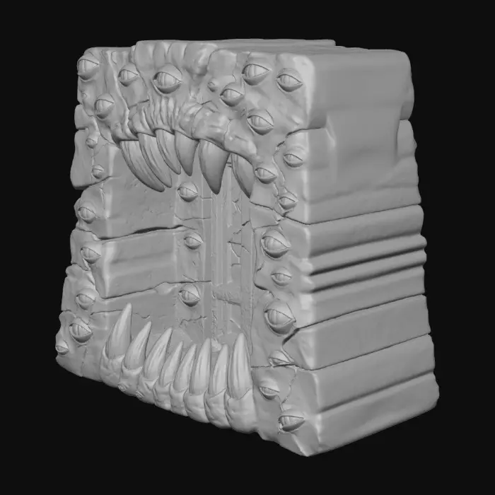3D model for The ravenous carved stone door to a temple of gluttony - monstrous fangs  form the doors edge and the carved stone around the entrance is carved to form eye watching and waiting for the entering meal