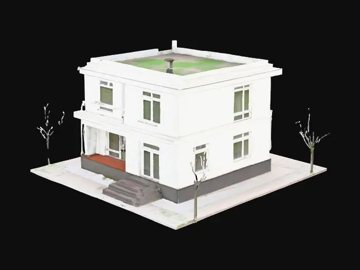 3D model for soviet panel house constructivism, 2 floors, with grass and five trees around