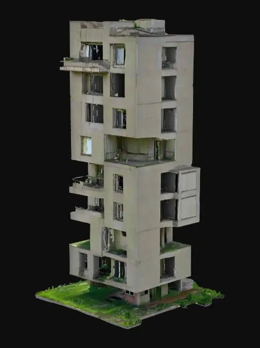 3D model for abandoned soviet panel house with trees and grass around, constructivism, 5 floors