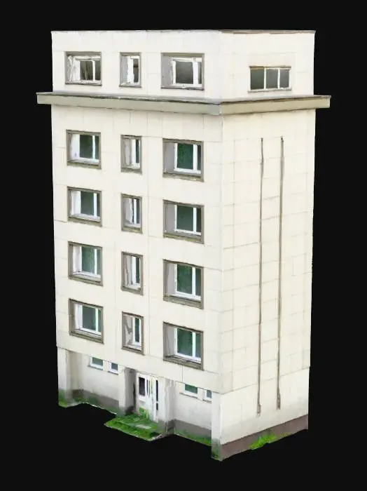 3D model for abandoned soviet panel house with trees and grass around, constructivism, 5 floors