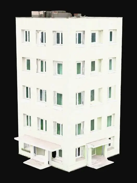 3D model for soviet panel house constructivism, 5 floors, grass and trees exterior