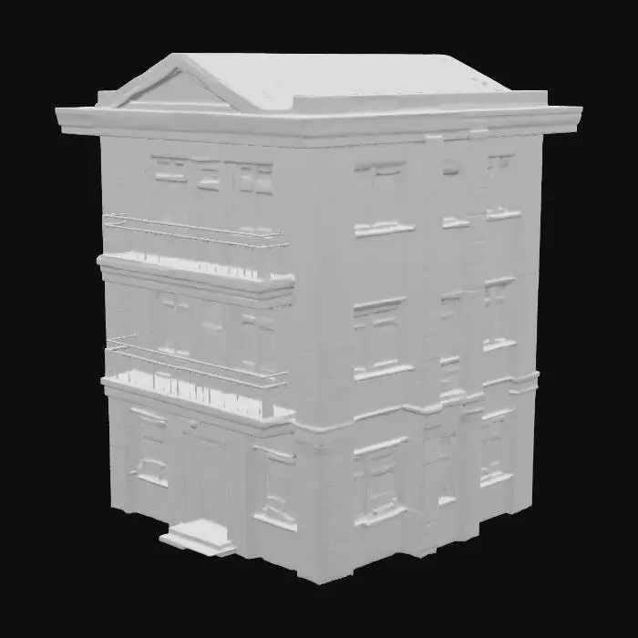 3D model for soviet panel house constructivism, 2 floors, with grass and five trees around