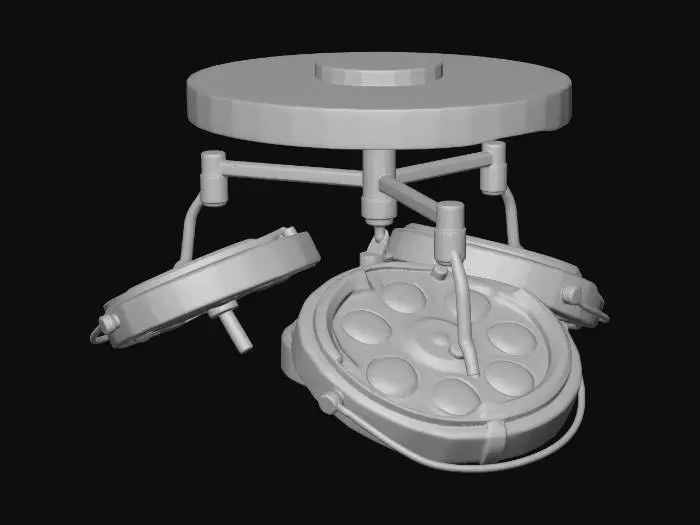 3D model for A surgical lamp that is connected to the ceiling with a large circular base that is paralel to the ground and the ceiling, 3 very large and circular lamps connected to the base with very short and thick arms. they are triple times of the size of the base. Drawn in Rimworld pastel style, no shadows, no reflection and same color with rimworld bright white. black background. looking from south perspective. lamps are slightly tilted and looking to the gorund with different but no larger then 45 degree angle