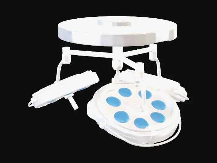 3D model for A surgical lamp that is connected to the ceiling with a large circular base that is paralel to the ground and the ceiling, 3 very large and circular lamps connected to the base with very short and thick arms. they are triple times of the size of the base. Drawn in Rimworld pastel style, no shadows, no reflection and same color with rimworld bright white. black background. looking from south perspective. lamps are slightly tilted and looking to the gorund with different but no larger then 45 degree angle