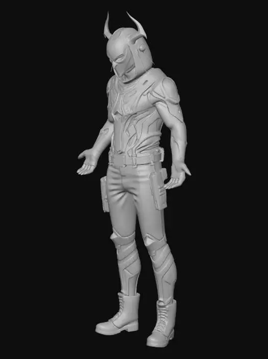 3D model for A Cyberpunk Layamon Hacker wearing a dark metallic mask etched with countless micro-lines of code. Her outfit is a leather trench coat lined with highly reflective chrome fibers. Parts of her body are replaced by mechanical prosthetics with brushed metal and purple polymer armor. Requirement: Futuristic, emphasize the material contrast between metallic prosthetics and leather, and the layered structure of the outfit.