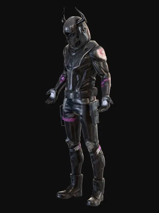 3D model for A Cyberpunk Layamon Hacker wearing a dark metallic mask etched with countless micro-lines of code. Her outfit is a leather trench coat lined with highly reflective chrome fibers. Parts of her body are replaced by mechanical prosthetics with brushed metal and purple polymer armor. Requirement: Futuristic, emphasize the material contrast between metallic prosthetics and leather, and the layered structure of the outfit.