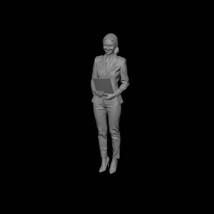 3D model for молода жінка у професійній формі, яка стоїть у сучасному офісі з панорамним видом на морський або річковий порт.

Ось детальніший опис композиції:

Центральна постать
Одяг: Жінка одягнена в темно-синій діловий костюм (жакет та спідницю), що нагадує форму офіцера флоту або працівника морської адміністрації. На плечах видно погони із золотистими нашивками.

Деталі: Вона тримає в руках чорну папку-планшет із написом "PJSC 'UDP'" (що, ймовірно, вказує на ПрАТ «Українське Дунайське Пароплавство») та ручку.

Вигляд: У неї привітна усмішка, волосся охайно зібране ззаду.

Фон (Портова інфраструктура)
Через велике вікно на повну висоту відкривається вид на промислову зону порту:
Техніка: Видно великі жовті та сині портальні крани для перевалки вантажів.
Транспорт: На причалі стоїть вантажне судно