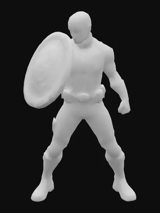 3D model for A realistic 3D turnaround of Captain America. Wearing a blue tactical suit with star emblem, red and white accents, utility belt, and combat boots. Holding his circular vibranium shield with star insignia. Pose: dynamic combat stance, shield raised forward with left arm, right arm slightly pulled back, legs apart with knees slightly bent as if bracing for impact. Body angled diagonally, torso leaned slightly forward. Expression stern and determined, facial likeness inspired by Chris Evans. Designed as a collectible figure, neutral base floor, realistic metallic and fabric textures, consistent lighting across all views.