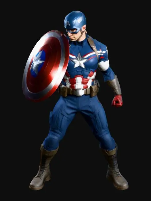 3D model for A realistic 3D turnaround of Captain America. Wearing a blue tactical suit with star emblem, red and white accents, utility belt, and combat boots. Holding his circular vibranium shield with star insignia. Pose: dynamic combat stance, shield raised forward with left arm, right arm slightly pulled back, legs apart with knees slightly bent as if bracing for impact. Body angled diagonally, torso leaned slightly forward. Expression stern and determined, facial likeness inspired by Chris Evans. Designed as a collectible figure, neutral base floor, realistic metallic and fabric textures, consistent lighting across all views.
