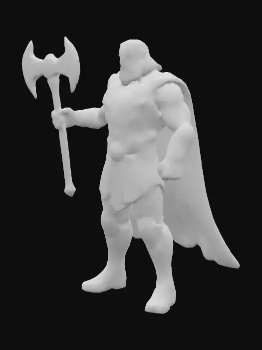 3D model for A complete, realistic 3D model of Thor, designed for collectible display. Full-body geometry with clean topology and lifelike proportions. Wearing detailed dark Asgardian armor with silver metallic accents and a flowing red cape modeled with natural folds. Head sculpt highly detailed, facial features accurately modeled after Chris Hemsworth — long blond hair, beard, strong jawline, and stern heroic expression. Holding Stormbreaker battle axe raised high in the right hand, left arm lowered at his side. Wide stance, torso leaned slightly forward as if ready to strike. Model includes realistic textures for metal, fabric, skin, and hair. Neutral base floor and uniform lighting for reference.