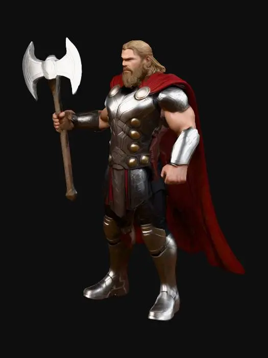 3D model for A complete, realistic 3D model of Thor, designed for collectible display. Full-body geometry with clean topology and lifelike proportions. Wearing detailed dark Asgardian armor with silver metallic accents and a flowing red cape modeled with natural folds. Head sculpt highly detailed, facial features accurately modeled after Chris Hemsworth — long blond hair, beard, strong jawline, and stern heroic expression. Holding Stormbreaker battle axe raised high in the right hand, left arm lowered at his side. Wide stance, torso leaned slightly forward as if ready to strike. Model includes realistic textures for metal, fabric, skin, and hair. Neutral base floor and uniform lighting for reference.