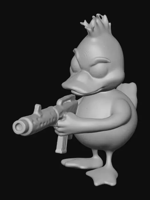 3D model for сгенерируй 3д модель утенка, желтого цвета, сделай его в мультяшном стиле, с нахмуренными бровями хитрым выражением лица и автоматом в руках