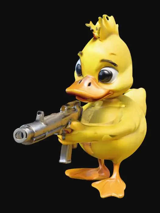 3D model for сгенерируй 3д модель утенка, желтого цвета, сделай его в мультяшном стиле, с нахмуренными бровями хитрым выражением лица и автоматом в руках