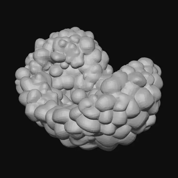 3D model for A microscopic, rod-shaped Mycobacterium, characterized by its slightly curved, elongated bacillus form. Its surface is smooth yet distinctly waxy, reflecting the complex lipid-rich cell wall. The texture suggests a firm, resilient biological membrane. Coloration is translucent, appearing faintly off-white or pale beige, with subtle internal structures hinted at beneath its surface, emphasizing its rigid, protective exterior.
