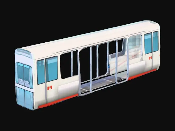 3D model for A monorail car. The doors are open. The interior has no seats, but has support poles. The windows on the car are transparent, and it needs to be possible for a player to enter the interior of the monorail car.