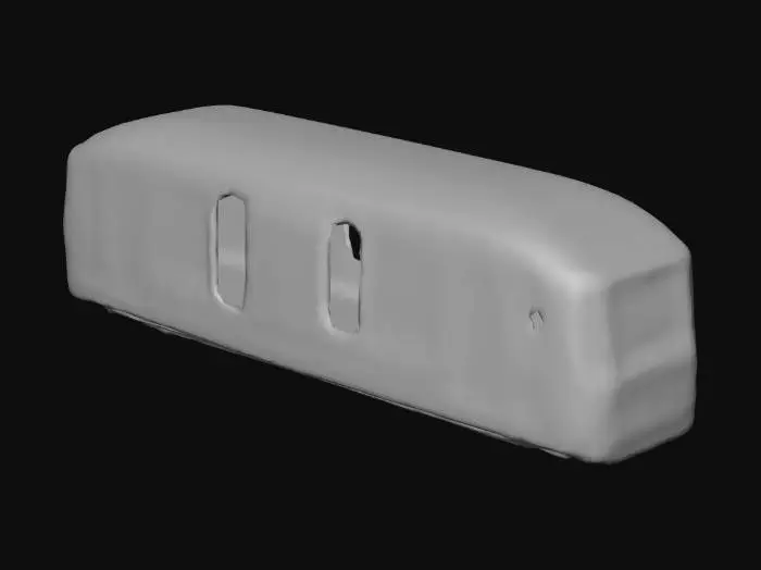 3D model for A neo-art deco monorail car. The doors are open. The interior has no seats, but has support poles. The windows on the car are transparent, and it needs to be possible for a player to enter the interior of the monorail car.