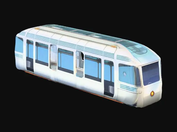 3D model for A neo-art deco monorail car. The doors are open. The interior has no seats, but has support poles. The windows on the car are transparent, and it needs to be possible for a player to enter the interior of the monorail car.