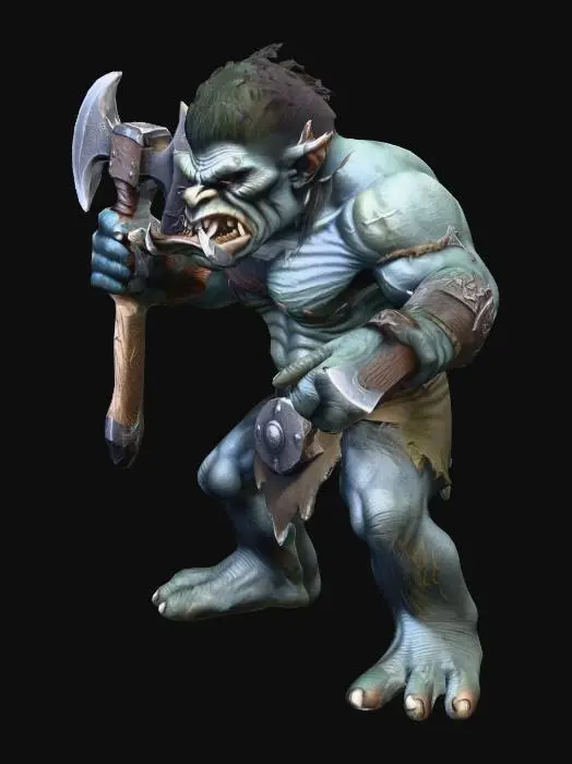 3D model for A nasty, mean-looking troll holding a battle axe in one hand.