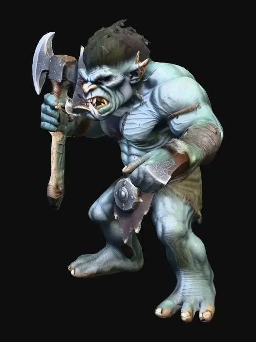 3D model for A nasty, mean-looking troll holding a battle axe in one hand.