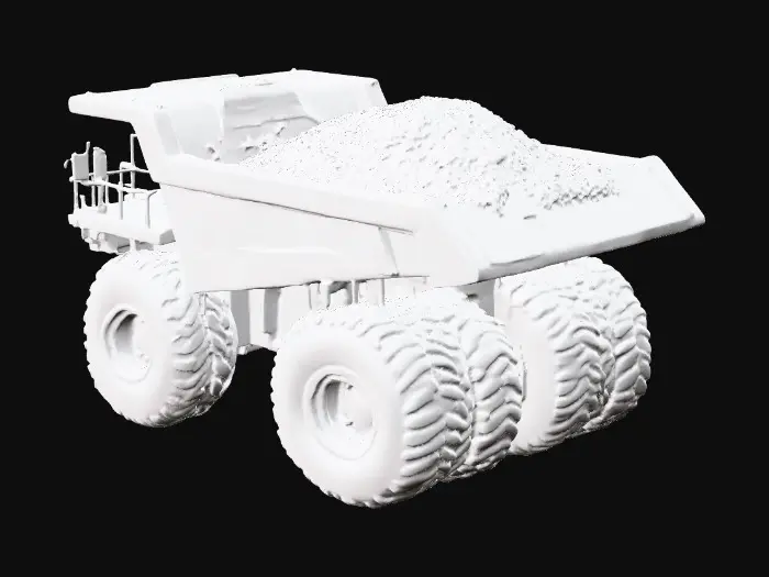 3D model for Create a model of a Haul Truck inspired by the Cat 793C. Large, Yellow with a big tray full of dirt. Big wheels, a cabin in the front.