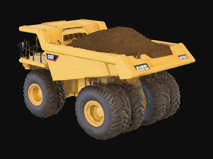 3D model for Create a model of a Haul Truck inspired by the Cat 793C. Large, Yellow with a big tray full of dirt. Big wheels, a cabin in the front.