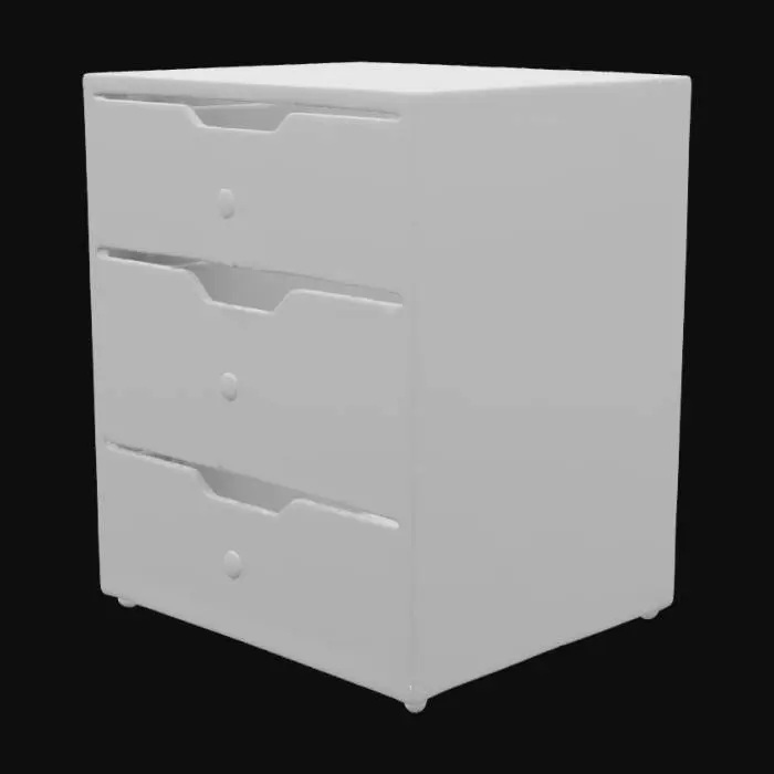 3D model for Создай 3D-модель ящика размером 200×200×200 мм с четырьмя выдвижными ящиками. Каждый ящик должен быть равномерно распределён по высоте конструкции и иметь небольшие ручки для удобства открытия. Ящик должен иметь гладкие, прямоугольные края, а выдвижные секции должны плотно входить в основной корпус. Используй минималистичный, современный дизайн с простыми геометрическими формами