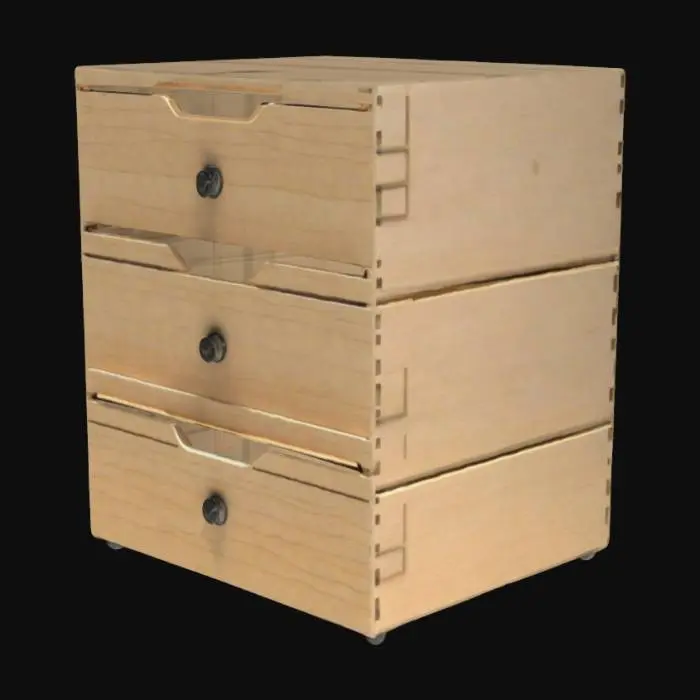 3D model for Создай 3D-модель ящика размером 200×200×200 мм с четырьмя выдвижными ящиками. Каждый ящик должен быть равномерно распределён по высоте конструкции и иметь небольшие ручки для удобства открытия. Ящик должен иметь гладкие, прямоугольные края, а выдвижные секции должны плотно входить в основной корпус. Используй минималистичный, современный дизайн с простыми геометрическими формами