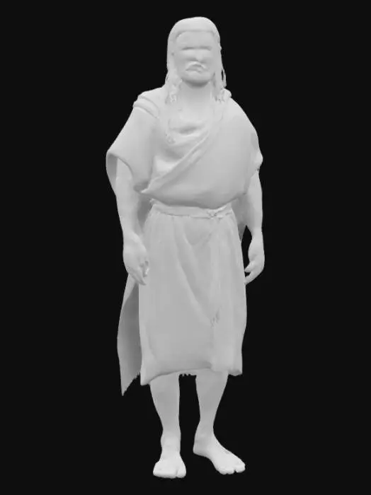 3D model for männliche biblische Figur, Elia, Prophet aus dem Alten Testament: kräftig gebaut, lange dunkle Haare, einfacher Umhang aus grobem Stoff, barfuß, ernster Blick,  Stil: stilisiert biblisch, warme Erdtöne, eindrucksvoll und ehrwürdig