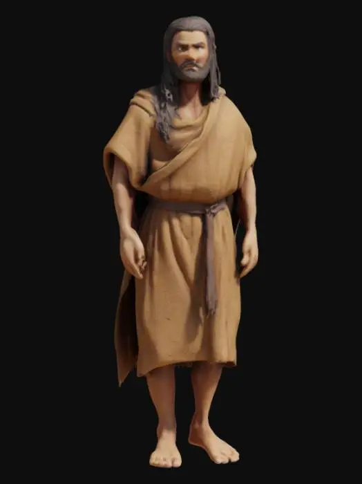 3D model for männliche biblische Figur, Elia, Prophet aus dem Alten Testament: kräftig gebaut, lange dunkle Haare, einfacher Umhang aus grobem Stoff, barfuß, ernster Blick,  Stil: stilisiert biblisch, warme Erdtöne, eindrucksvoll und ehrwürdig
