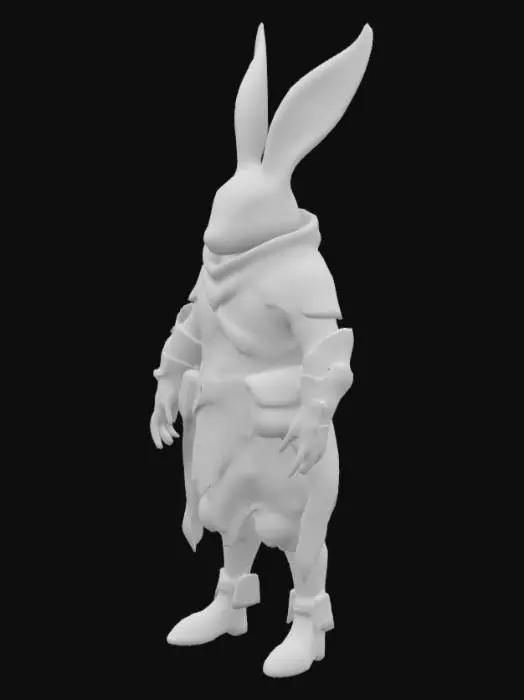 3D model for Create a low-poly Harengon rogue character from Dungeons & Dragons, inspired by World of Warcraft’s art style.
**Key Details:**  
**Anatomy:** Rabbit-humanoid with upright posture, long ears (one slightly bent), digitigrade legs, and paw-like hands/feet.  
**Stylization:** WoW’s cartoonish proportions—oversized head, expressive eyes, chunky boots/gloves, and stylized fur.  
**Gear:** Simple leather armor, dagger sheath on thigh, tattered cloak.  
**Texture:** Hand-painted WoW-style texture (512x512) with bold outlines, cel-shaded colors, and minimal noise. Use earthy tones (brown fur, green cloak) and metallic accents.  
**Topology:** Clean quad-dominant mesh for game engines, optimized joints for basic animations (idle/attack).  
**Mood:** Agile, mischievous adventurer ready for combat.  