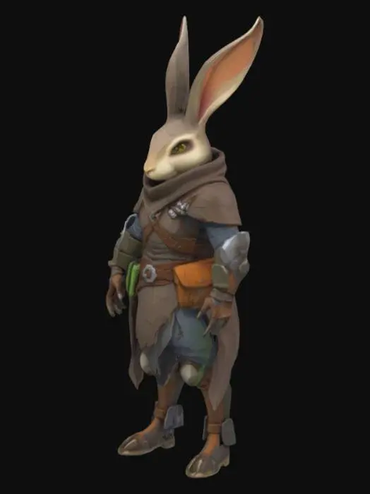 3D model for Create a low-poly Harengon rogue character from Dungeons & Dragons, inspired by World of Warcraft’s art style.
**Key Details:**  
**Anatomy:** Rabbit-humanoid with upright posture, long ears (one slightly bent), digitigrade legs, and paw-like hands/feet.  
**Stylization:** WoW’s cartoonish proportions—oversized head, expressive eyes, chunky boots/gloves, and stylized fur.  
**Gear:** Simple leather armor, dagger sheath on thigh, tattered cloak.  
**Texture:** Hand-painted WoW-style texture (512x512) with bold outlines, cel-shaded colors, and minimal noise. Use earthy tones (brown fur, green cloak) and metallic accents.  
**Topology:** Clean quad-dominant mesh for game engines, optimized joints for basic animations (idle/attack).  
**Mood:** Agile, mischievous adventurer ready for combat.  