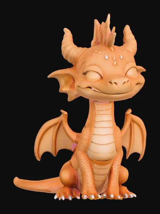 3D model for A charming, stylized baby dragon in full battle gear, with a smooth, untextured surface, rendered in a uniform terracotta orange color. It has a round, adorable face with closed eyes, a short snout, and small, pointed horns. A distinctive flame-like or spiky crest rises from the back of its head. Its body is compact, supported by stubby limbs ending in small claws, and it features small, bat-like wings with visible skeletal structures on its back.