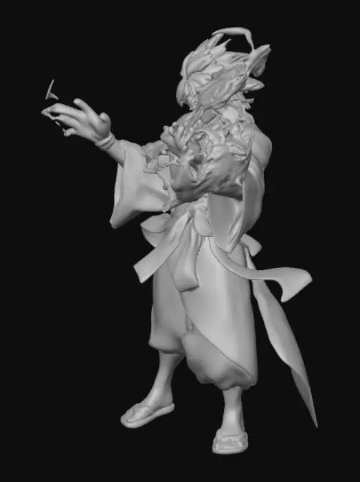 3D model for **Highly Detailed 3D Roblox Model:** **Chou KOF Iori Yagami** (MLBB skin). **Modern mesh body** (non-blocky R15 style), **high-poly** render. **Wild, spiky crimson hair**. Black kimono with **cloth folds texture** and a thick, **flowing red obi**. **Aggressive fighting stance** (low angle), **intense facial expression**. Fists engulfed in **vibrant, translucent purple-blue flames**. **Cinematic, dramatic lighting** and deep shadows in a smoky arena. **Game art aesthetic**.