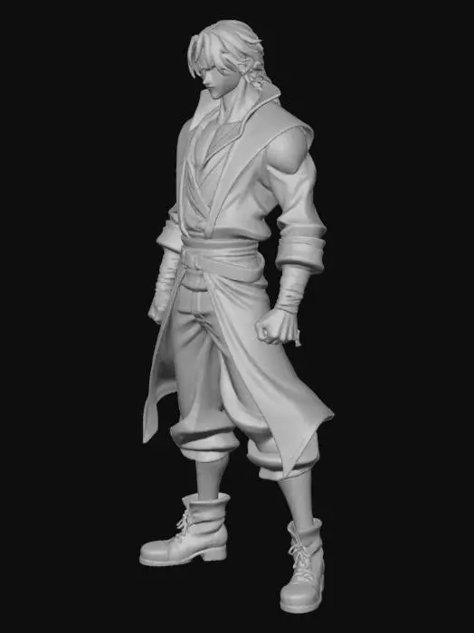 3D model for A 3D model of a sleek manhwa character, featuring a lean and agile physique with sharp, defined contours. The face has expressive, detailed eyes and a determined gaze, framed by long, stylized hair with soft, flowing strands. The character is dressed in crisp, layered clothing, possibly a tailored jacket or flowing tunic, rendered with subtle fabric textures and clean, vibrant colors. Its posture is dynamic and poised, conveying an air of elegance and readiness, with smooth, almost porcelain-like skin.