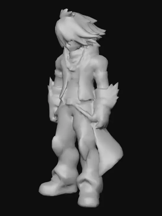 3D model for A stylized 3D Roblox model of a manhwa-inspired character, featuring a slim, athletic build with smooth, articulated limbs and distinctively human-like, non-boxy hands. The face is sculpted with sharp, anime-style features, including expressive eyes and flowing, detailed hair. The character wears a modern fantasy outfit with layered textures and subtle material sheen, maintaining the clean lines characteristic of Roblox while incorporating more realistic proportions for a polished, heroic appearance, standing in a dynamic and confident posture.