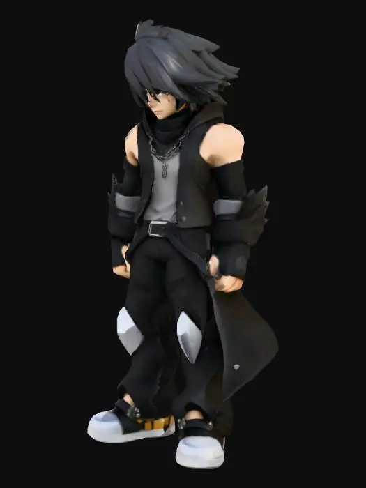 3D model for A stylized 3D Roblox model of a manhwa-inspired character, featuring a slim, athletic build with smooth, articulated limbs and distinctively human-like, non-boxy hands. The face is sculpted with sharp, anime-style features, including expressive eyes and flowing, detailed hair. The character wears a modern fantasy outfit with layered textures and subtle material sheen, maintaining the clean lines characteristic of Roblox while incorporating more realistic proportions for a polished, heroic appearance, standing in a dynamic and confident posture.