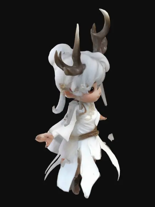 3D model for 1. 主体造型：动画建模Q版白泽少女，兽耳保留鹿角特征。保留尾巴特征
2. 服饰细节：白色广袖流仙裙
3. 材质表现：丝绸材质用SSS次表面散射，金属配件做旧处理 ，面部轮廓超清画质
4. 动态设计：两手伸直抬平处于一个高度伸直，人物正对。双脚迈开清晰可分
5. 场景构建：绿幕素材
6. 渲染参数：Octane渲染器，HDRI环境光+三点布光系统，