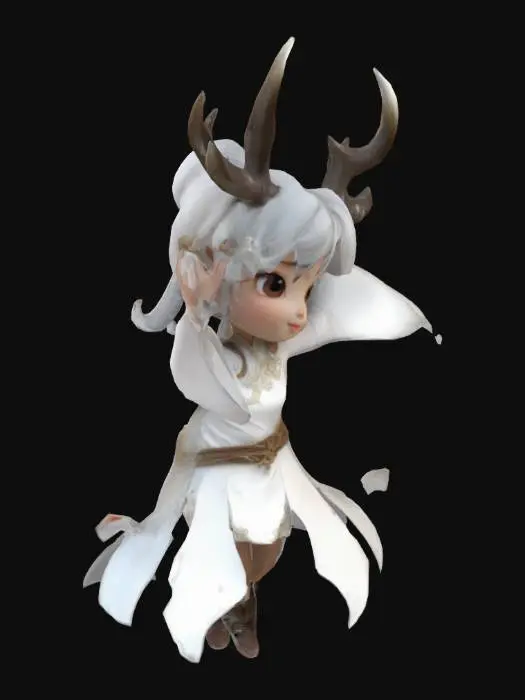 3D model for 1. 主体造型：动画建模Q版白泽少女，兽耳保留鹿角特征。保留尾巴特征
2. 服饰细节：白色广袖流仙裙
3. 材质表现：丝绸材质用SSS次表面散射，金属配件做旧处理 ，面部轮廓超清画质
4. 动态设计：两手伸直抬平处于一个高度伸直，人物正对。双脚迈开清晰可分
5. 场景构建：绿幕素材
6. 渲染参数：Octane渲染器，HDRI环境光+三点布光系统，