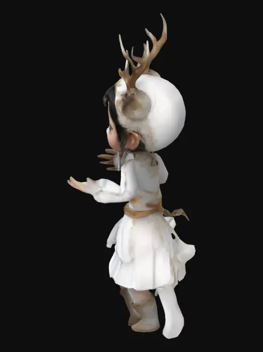 3D model for 1. 主体造型：动画建模Q版白泽少女，兽耳保留鹿角特征。保留尾巴特征
2. 服饰细节：白色广袖流仙裙
3. 材质表现：丝绸材质用SSS次表面散射，金属配件做旧处理 ，面部轮廓超清画质
4. 动态设计：两手伸直抬平处于一个高度伸直，人物正对。双脚迈开清晰可分
5. 场景构建：绿幕素材
6. 渲染参数：Octane渲染器，HDRI环境光+三点布光系统，